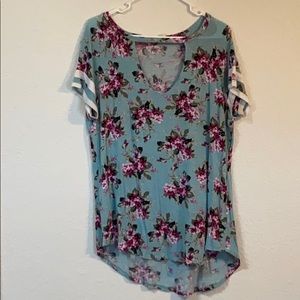 Teal and Flowers baseball Tee with collar neck